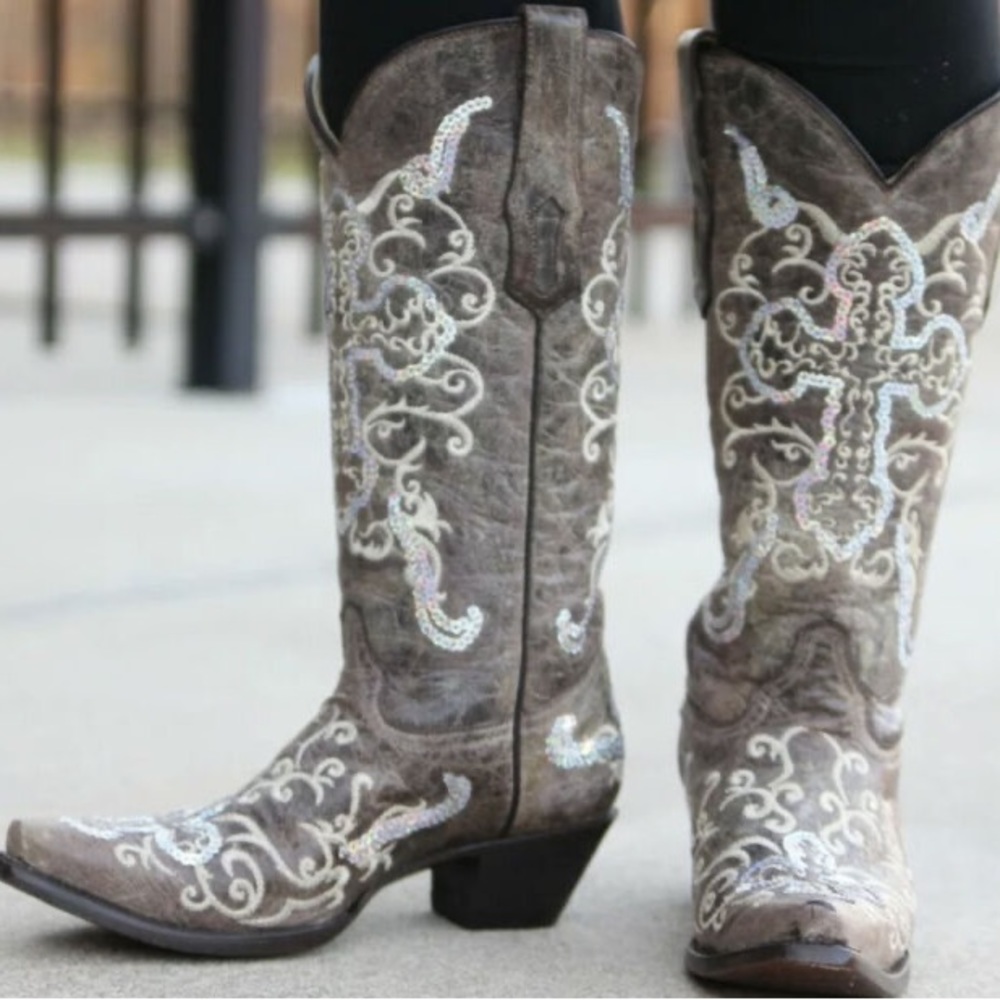 Tobacco beige/ gray tinted sequins cross embroidered Women’s Corral Boots